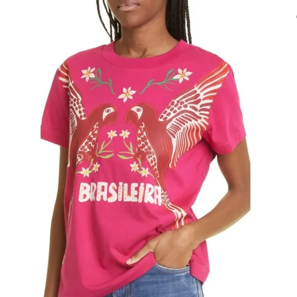 FARM Rio Pink Parrots A BRASILEIRA Cotton Graphic Tee Size XS - Picture 1 of 8